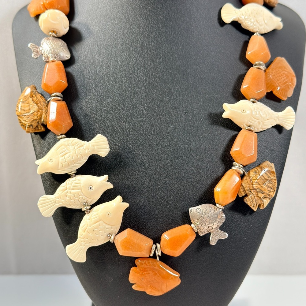 Artisan Fish Necklace Sterling Silver Carnelian Carved Stone Statement 20" 119g